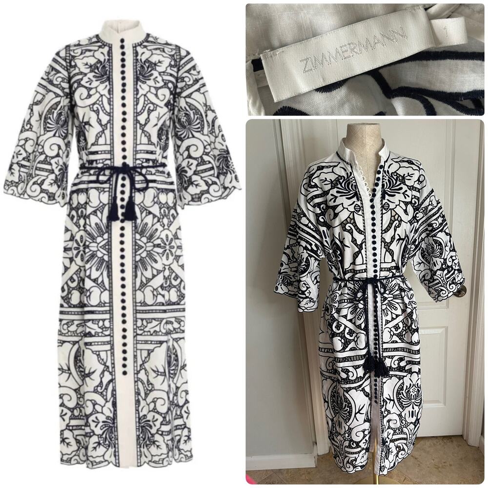 Zimmermann Lyre Embroidered Shirt Dress Sz 1